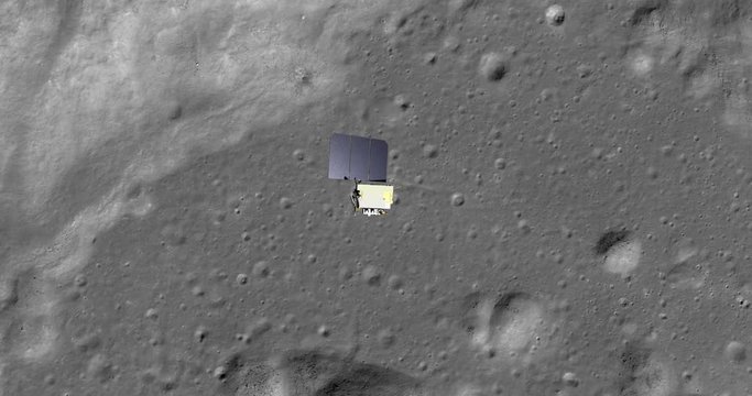 Top-down view of LRO positioning itself and then making a data gathering pass above Harpalus Crater, Sinus Roris. Elements of this image furnished by NASA