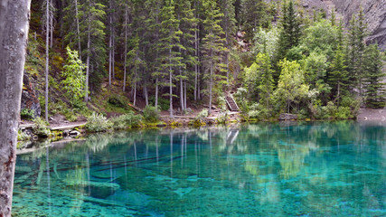 serene blue green lake reflecting the surrounding forest