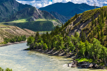 Katun river surrounded by mountains. Altai Republic, Russia