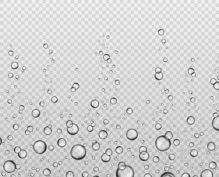 Bubbles underwater texture. Soda bubble flow. Effervescent oxygen in aquarium. Fizzing champagne air sparkles isolated vector set