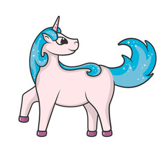 Cute unicorn fancy sticker. Print for baby t-shirt. Vector illustration of a girlish fairy pony for kids. Magical drawing.