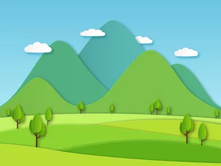 Foto op Canvas Papier veld landschap. Zomerlandschap met groene heuvels en blauwe lucht, witte wolken. Gelaagde papercut creatieve vector 3d natuur afbeelding © YummyBuum