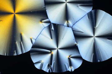 Colorful micro crystals in polarized light. Photo through a microscope.