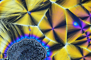 Colorful micro crystals in polarized light. Photo through a microscope.