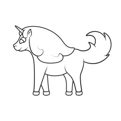 Cute magical unicorn outline drawing. Picture for baby coloring book. Fancy illustration of a girlish fairy pony for kids.