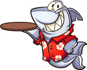 Cartoon shark wearing a Hawaiian shirt and holding an empty plate clip art. Vector illustration with simple gradients. Shark and plate on separate layers. 