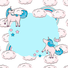 Cute magical unicorn frame with clouds and rainbow. Background for baby birthday invitation. Vector illustration of a girlish fairy pony for kids. Fancy border for children greeting card.
