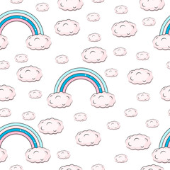 Seamless pattern with cute unicorn rainbows and clouds. Background for baby textile. Vector illustration of a magical sky concept. Design for children wrapping paper.