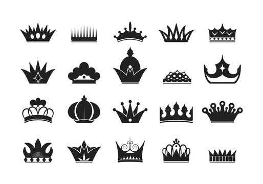 Hand drawn kings and queens crown silhouettes collection. Vintage royal heraldic symbols. Imperial icons.