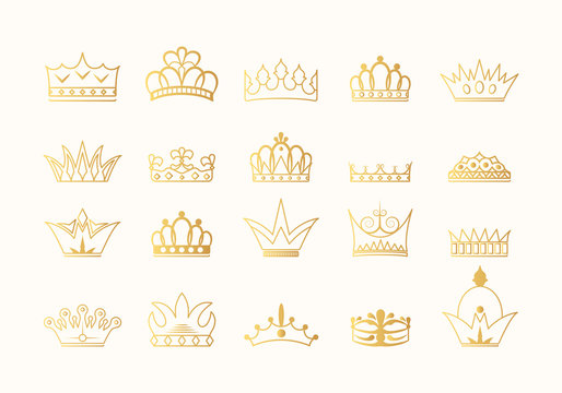 Hand drawn kings and queens golden crown silhouettes collection. Vintage royal gold heraldic symbols. Imperial icons.