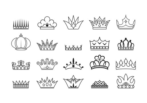 Set of classic royal kings and queens crown silhouettes and outlines. Imperial heraldic symbols. Exclusive premium branding elements.