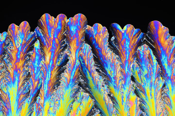 Colorful micro crystals in polarized light. Photo through a microscope.