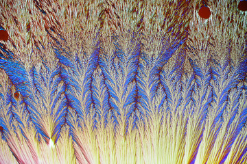 Colorful micro crystals in polarized light. Photo through a microscope.