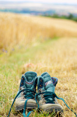 A pair of hiking shoes in a wonderful landscape