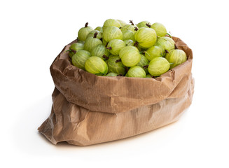 Paper bag full of gooseberries isolated on white