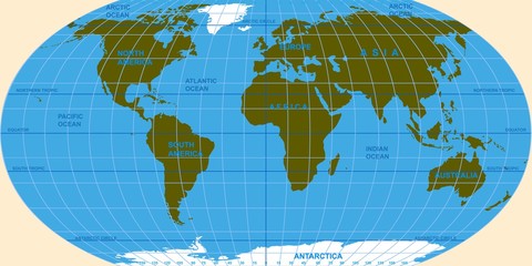 Vector map of the world. Oceans and continents on a flat projection. - obrazy, fototapety, plakaty