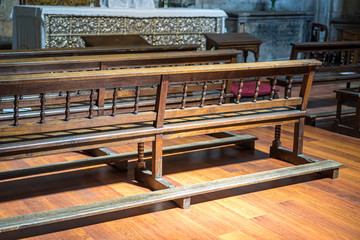 Chapel, benches to pray inside a church. concept of faith and religion