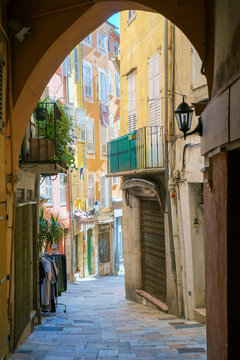View down small alley in old quarter of Grasse, Alpes-Maritimes, Provence-Alpes-C?te d'Azur, France.