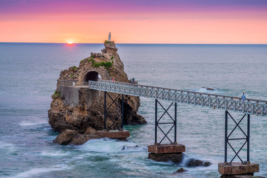 France, Aquitaine, Pyrenees Atlantiques, Biarritz. Rocher de la Vierge at sunset