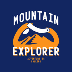 typography slogan mountain explorer with carabiner and alpine mountain silhouette inside background illustration for T-shirt and apparels graphic vector Print