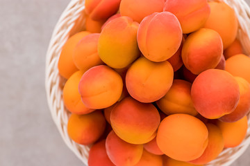 Fresh apricots in a white basket on a gray background. Top view.