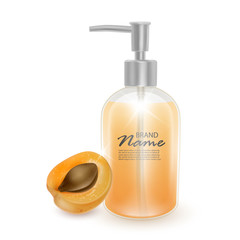 Jar of shampoo or liquid soap with the scent of apricots, realistic shampoo bottle and apricot on white background, cosmetic product healthcare banner. Vector EPS 10