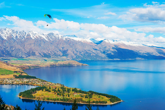 Paragliding over the Remarkables and Lake Wakatipu, Queenstown, South Island, New Zealand,