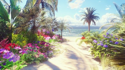 Fototapety  Piękny krajobraz z bajeczną plażą z pięknymi kwiatami i rosnącymi na niej drzewami, błękitnym niebem i białym piaskiem obmywanym przez falę oceanu. Renderowanie 3D