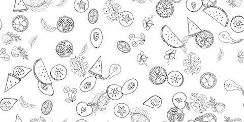 fruit line white and black pattern. Tropical fruits home textile design background