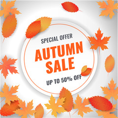 Special offer autumn sale with leaves. Ad concept. Seasonal discount offer. Shopping sale, promo poster, card, wallpaper, flyer, banners, shop, market. Vector illustration