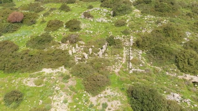 The ruins of the late Hellenic Jewish settlement Hurvat Sumak on Mount Carmel, Israel. View from the drone.