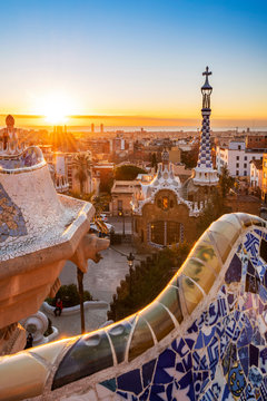 Sunrise at Park Guell, Barcelona, Catalonia, Spain