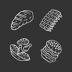 Meat dishes chalk icons set. Steak, beef ribs, chicken legs, burger. Fast food. Butcher shop product. Restaurant, grill bar, steakhouse menu. Isolated vector chalkboard illustrations