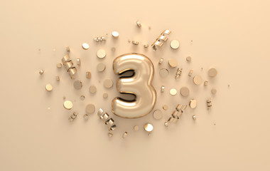 Golden 3d number 3 with festive confetti and spiral ribbons. Poster template for celebrating anniversary event party. 3d render