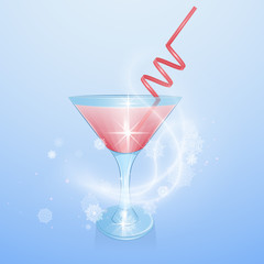 Cooling Cocktail in Glass With red Straw, Front View. 3d Photo Realistic Vector Illustration On blue Background