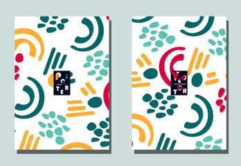 Cover with graphic elements - abstract shapes. Two modern vector flyers in avant-garde  style. Geometric wallpaper for business brochure, cover design.