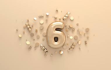 Golden 3d number 6 with festive confetti and spiral ribbons. Poster template for celebrating anniversary event party. 3d render