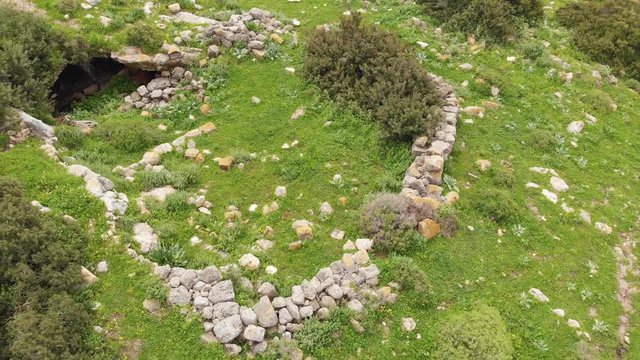 The ruins of the late Hellenic Jewish settlement Hurvat Sumak on Mount Carmel, Israel. View from the drone.