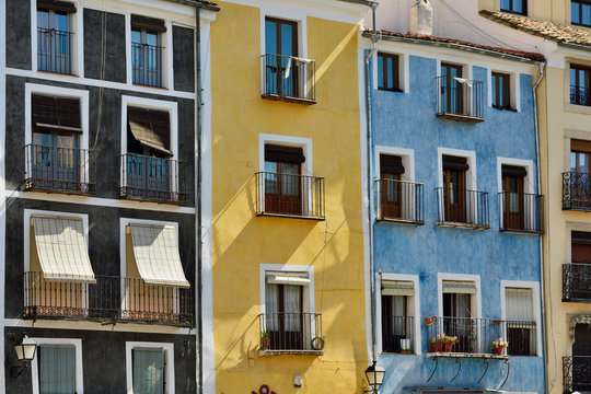 Coloured houses at the Plaza Mayor in the walled town of Cuenca, a Unesco World Heritage Site. Castilla la Mancha, Spain