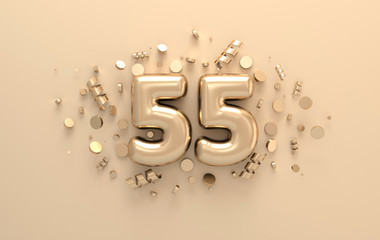 Golden 3d number 55 with festive confetti and spiral ribbons. Poster template for celebrating anniversary event party. 3d render