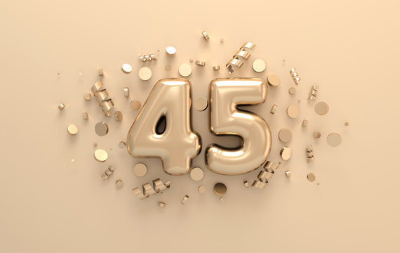 Golden 3d number 45 with festive confetti and spiral ribbons. Poster template for celebrating anniversary event party. 3d render