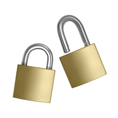 Two realistic icons golden padlock in the open and closed position, isolated on white background, Vector illustration