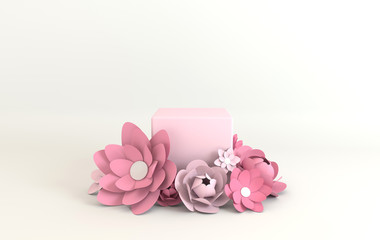 Paper flowers frame, podium platform for product presentation. Summer or spring background. Paper cut 3d render mock up in pastel colors