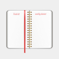 The old notebook with bookmark, weekly planner and list for notes templates decorated. Printable pages for diary or reminder for task organization, Vector illustration in EPS 10 format