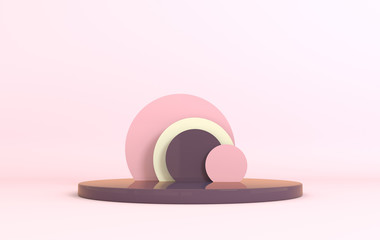 3d rendered studio with geometric shapes, podium on the floor. Set of platforms for product presentation, mock up background. Abstract composition in modern minimal design, pastel colors