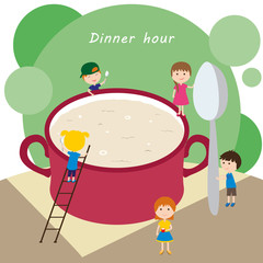 Dinner hour. Children are going to eat soup. Big tureen and big spoon. Children dreams. Vector illustration.