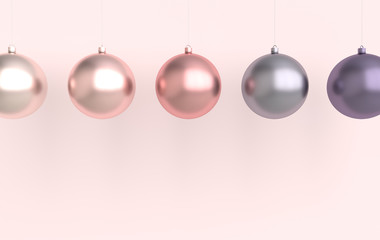 Merry Christmas and Happy New Year 3d render illustration card with rose gold and purple xmas balls. Winter decoration, minimal design