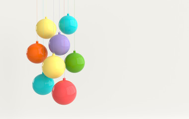 Merry Christmas and Happy New Year 3d render illustration card with colorful glossy xmas balls. Winter decoration, minimal design