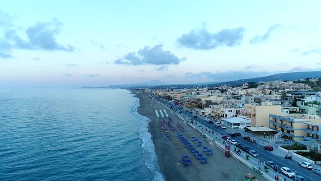 Aerial panorama of the city, the sea and the promenade, Greece, Crete.