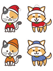 冬服を着た犬と猫